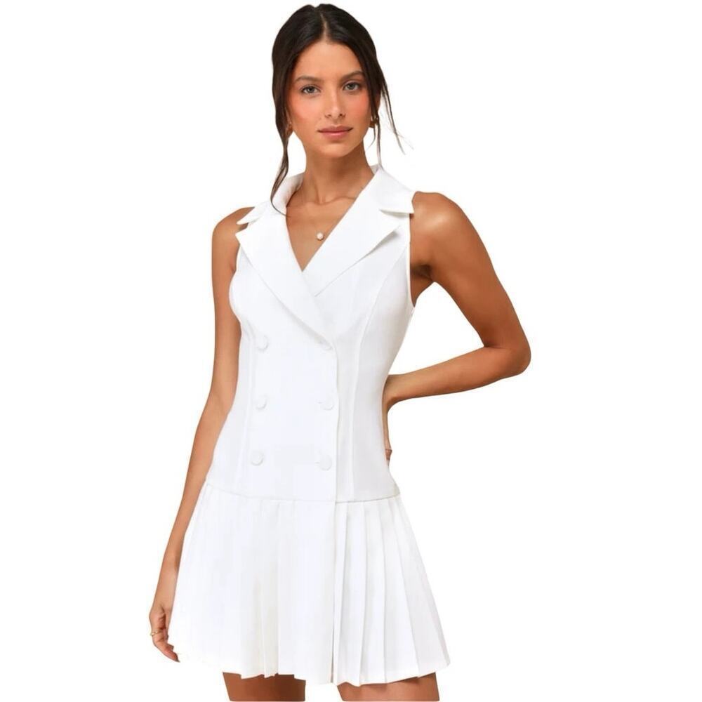 Lulu's White Sleeveless Double-Breasted Pleated Midi Dress